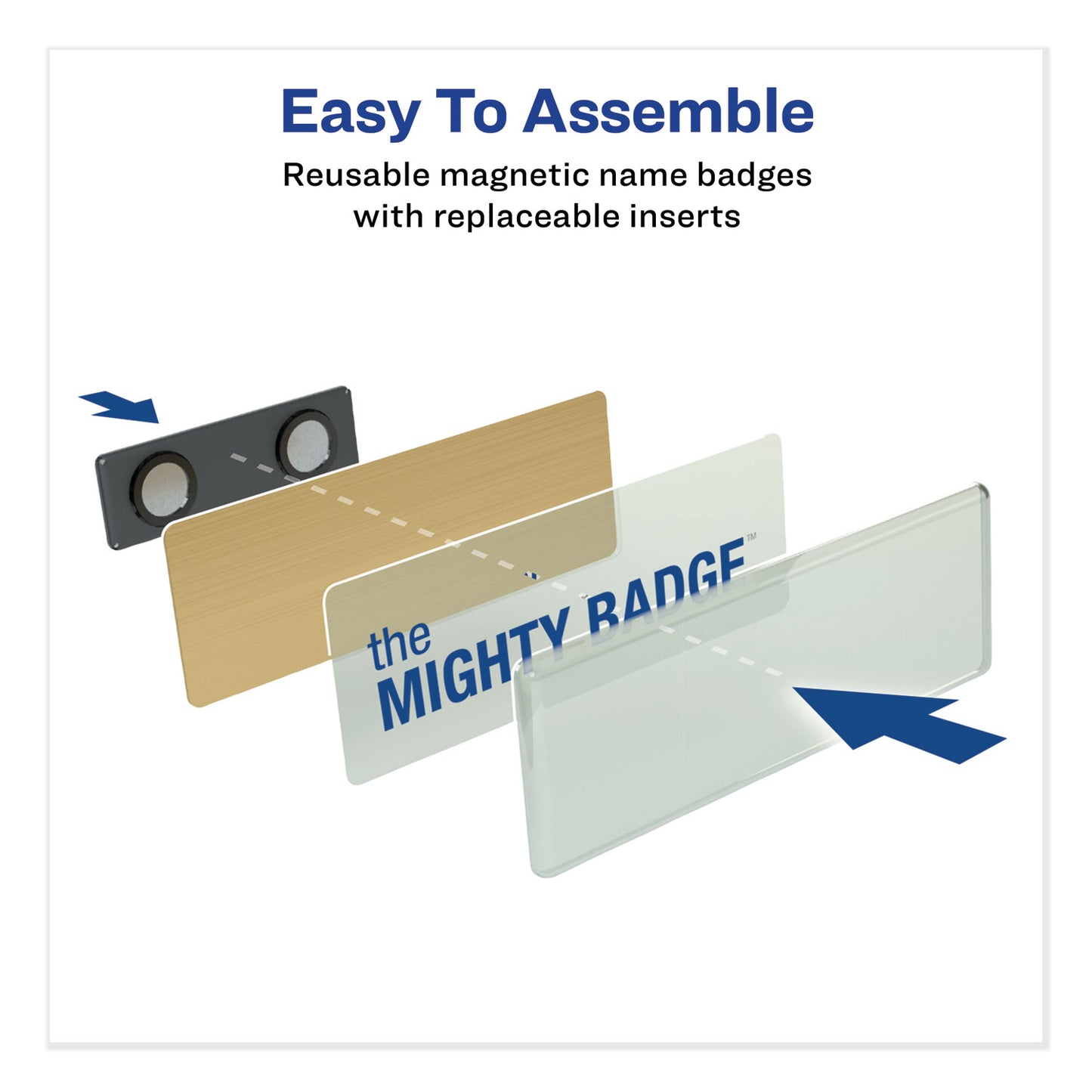 Avery The Mighty Badge Name Badge Holder Kit, Horizontal, 3 x 1, Inkjet, Gold, 10 Holders/ 80 Inserts (71203)