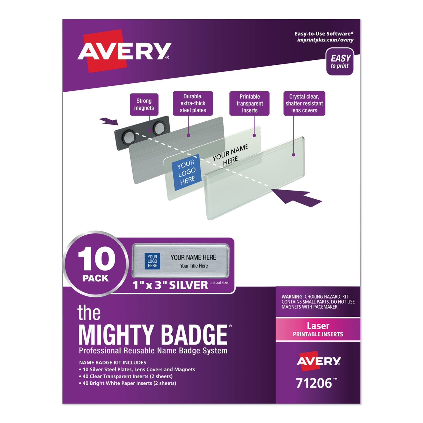 Avery The Mighty Badge Name Badge Holder Kit, Horizontal, 3 x 1, Laser, Silver, 10 Holders and 80 Inserts/Kit (71206)