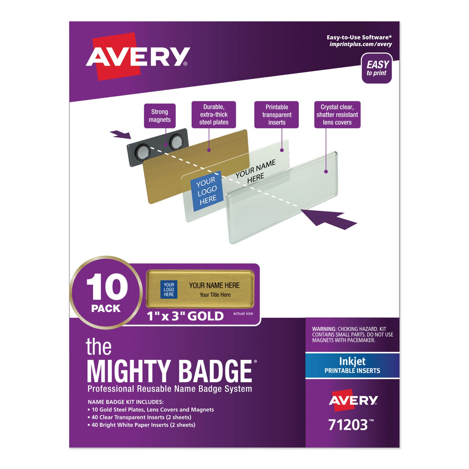 Avery The Mighty Badge Name Badge Holder Kit, Horizontal, 3 x 1, Inkjet, Gold, 10 Holders/ 80 Inserts (71203)