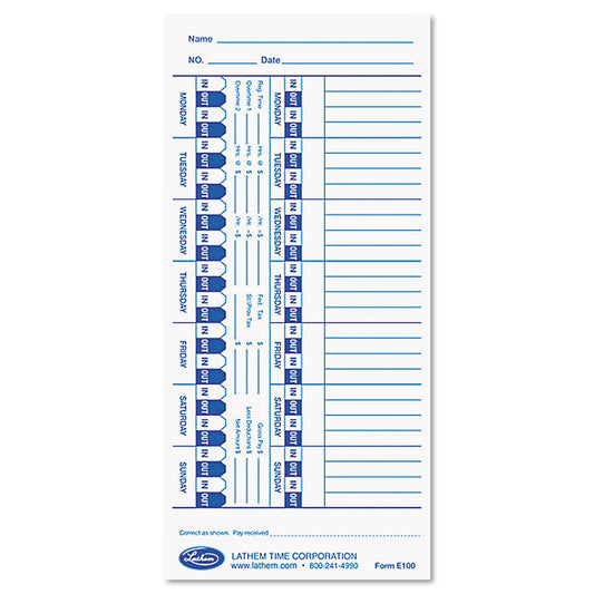 Time Clock Cards for Lathem Time E Series, One Side, 4 x 9, 100/Pack (E100)