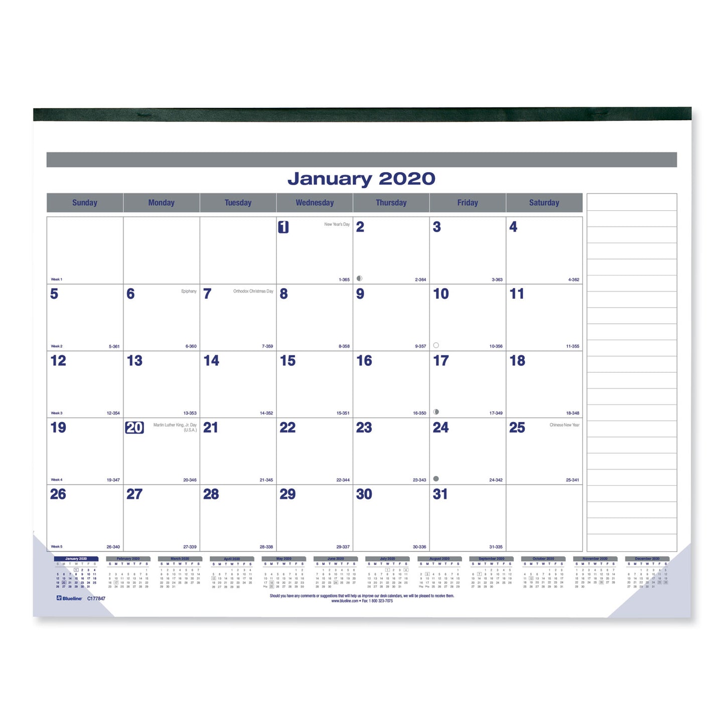 Blueline Net Zero Carbon Monthly Desk Pad Calendar, 22 x 17, White/Gray/Blue Sheets, Black Binding, 12-Month (Jan to Dec): 2025 (C177847)