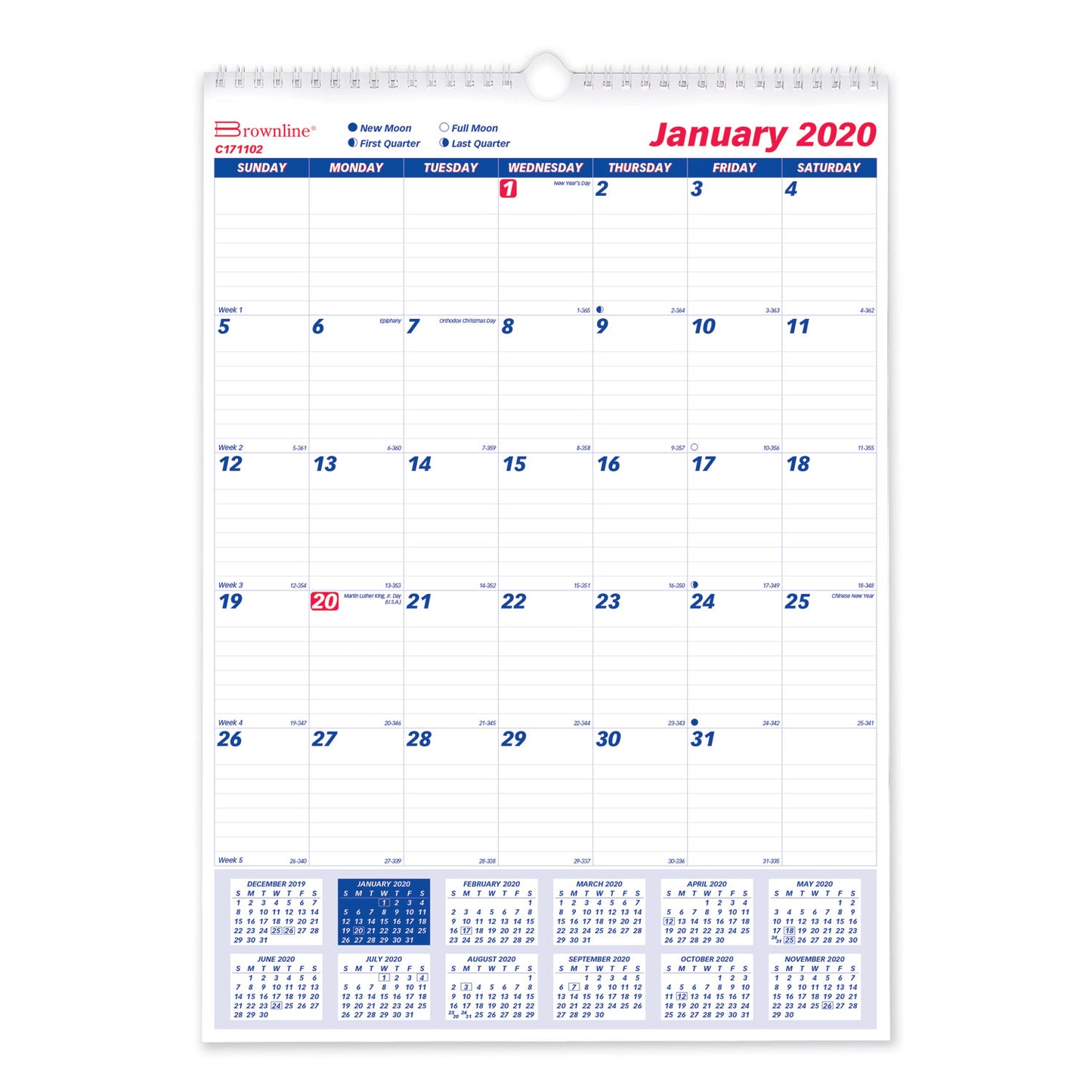 Brownline Twin-Wirebound Wall Calendar, One Month per Page, 12 x 17, White Sheets, 12-Month (Jan to Dec): 2025 (C171102)