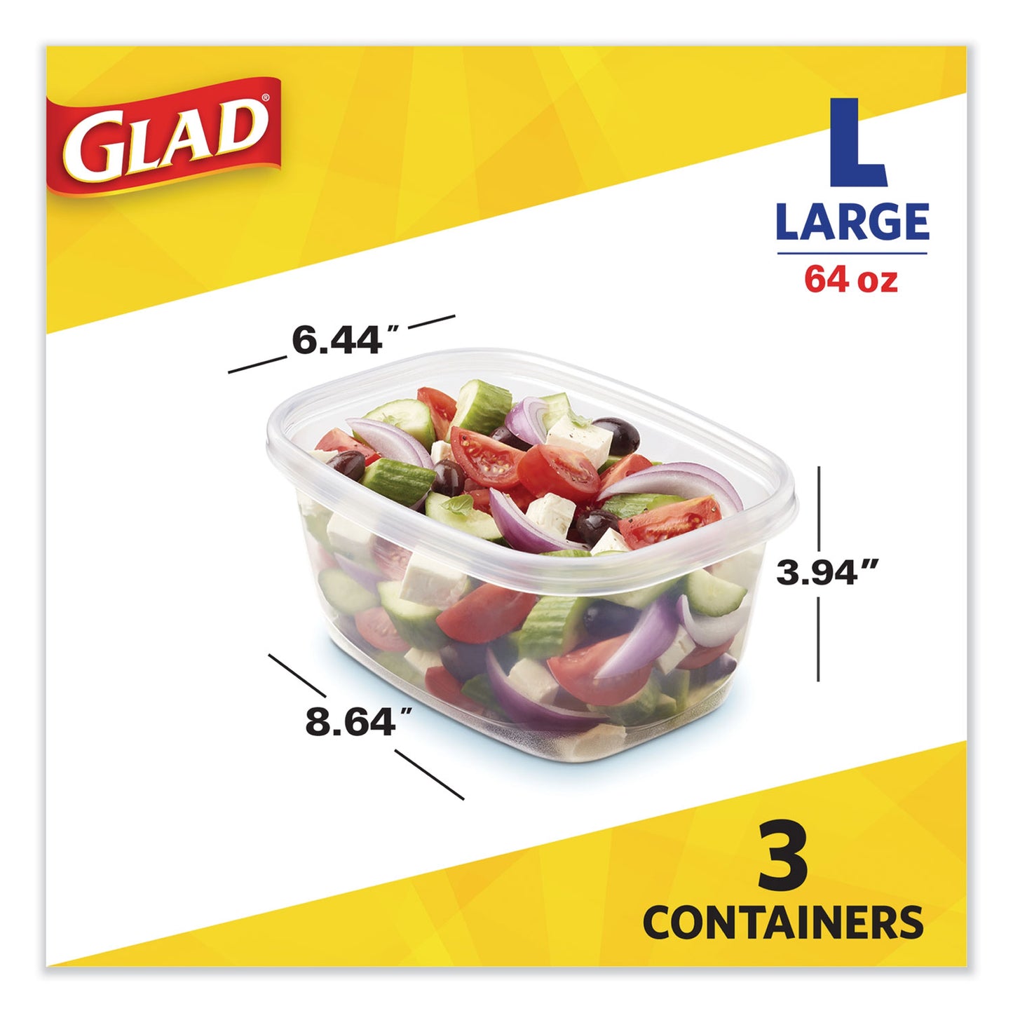 Glad Deep Dish Food Storage Containers, 64 oz, Plastic, 3/Pack (70045PK)