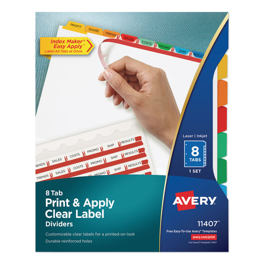 Avery Print and Apply Index Maker Clear Label Dividers, 8-Tab, Color Tabs, 11 x 8.5, White, Traditional Color Tabs, 1 Set (11407)