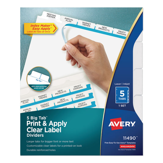 Avery Print and Apply Index Maker Clear Label Dividers, Big Tab, 5-Tab, White Tabs, 11 x 8.5, White, 1 Set (11490)