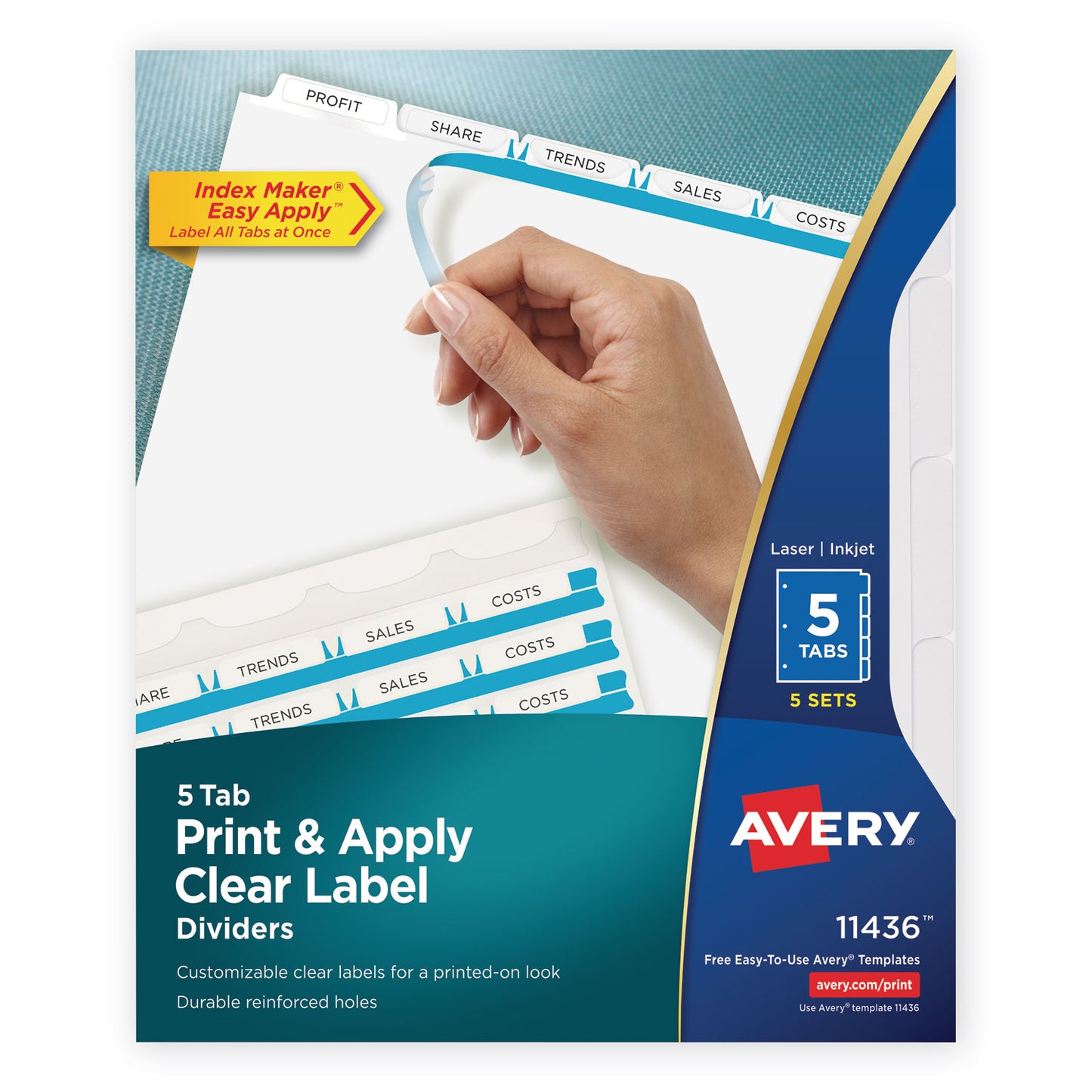 Avery Print and Apply Index Maker Clear Label Dividers, 5-Tab, White Tabs, 11 x 8.5, White, 5 Sets (11436)