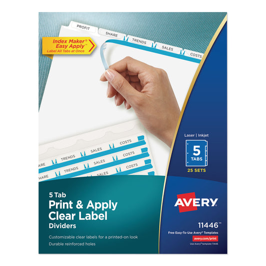 Avery Print and Apply Index Maker Clear Label Dividers, 5-Tab, White Tabs, 11 x 8.5, White, 25 Sets (11446)