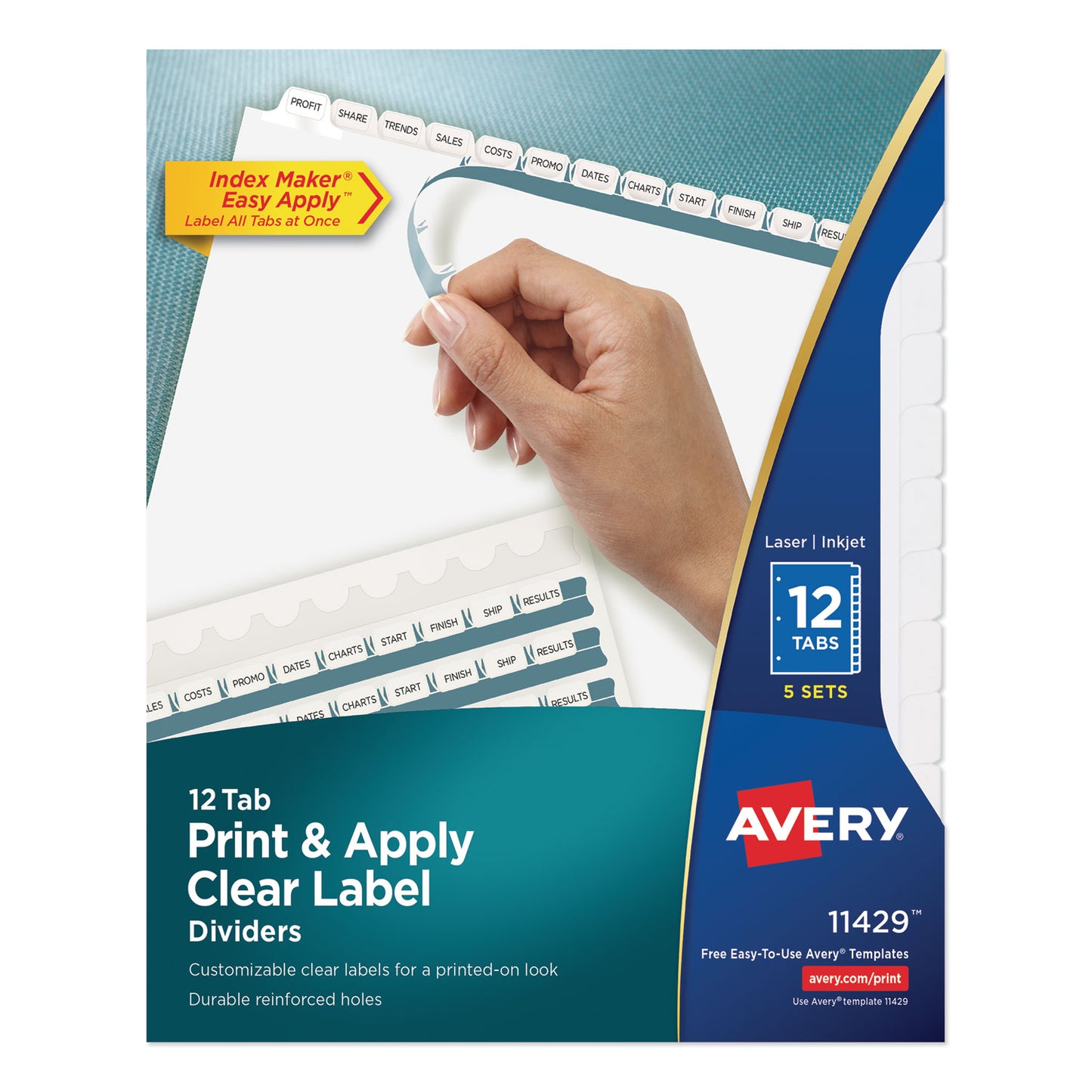 Avery Print and Apply Index Maker Clear Label Dividers, 12-Tab, White Tabs, 11 x 8.5, White, 5 Sets (11429)