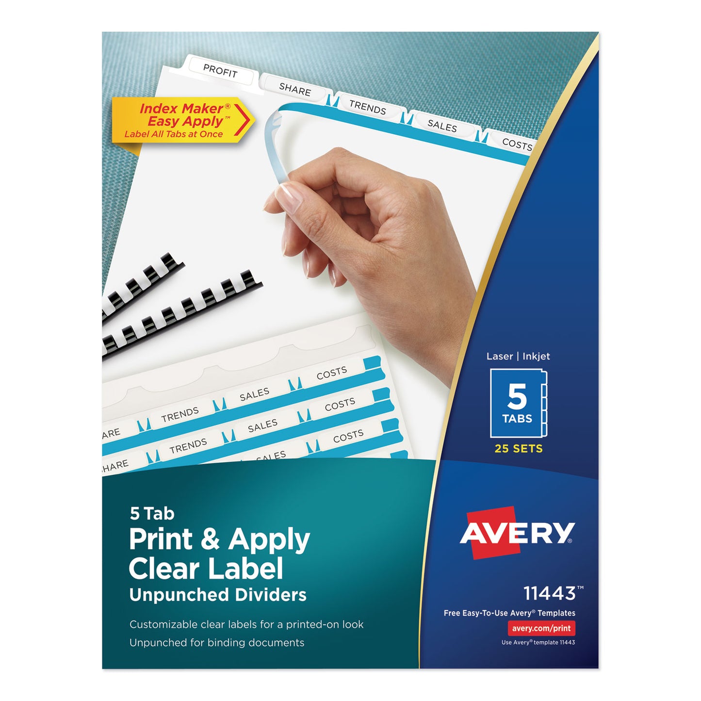 Avery Print and Apply Index Maker Clear Label Unpunched Dividers, 5-Tab, 11 x 8.5, White, 25 Sets (11443)