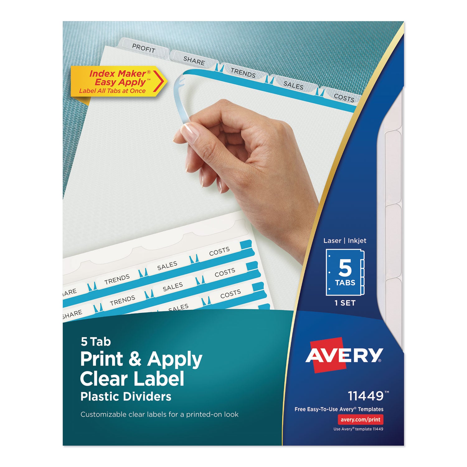 Avery Print and Apply Index Maker Clear Label Plastic Dividers w/Printable Label Strip, 5-Tab, 11 x 8.5, Frosted Clear Tabs, 1 Set (11449)