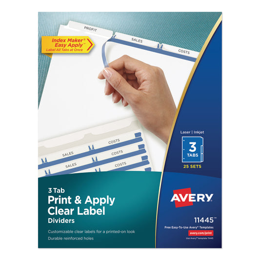 Avery Print and Apply Index Maker Clear Label Dividers, 3-Tab, White Tabs, 11 x 8.5, White, 25 Sets (11445)