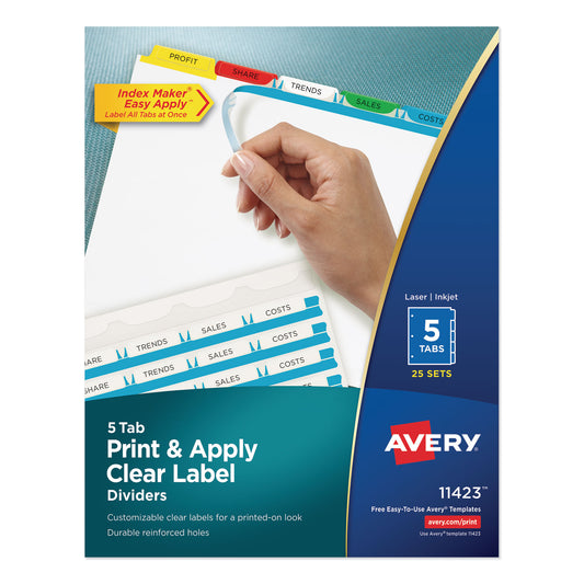 Avery Print and Apply Index Maker Clear Label Dividers, 5-Tab, Color Tabs, 11 x 8.5, White, Traditional Color Tabs, 25 Sets (11423)