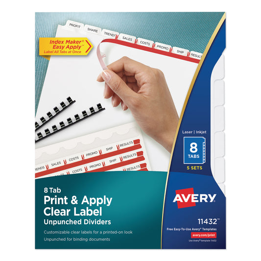 Avery Print and Apply Index Maker Clear Label Unpunched Dividers, 8-Tab, 11 x 8.5, White, 5 Sets (11432)