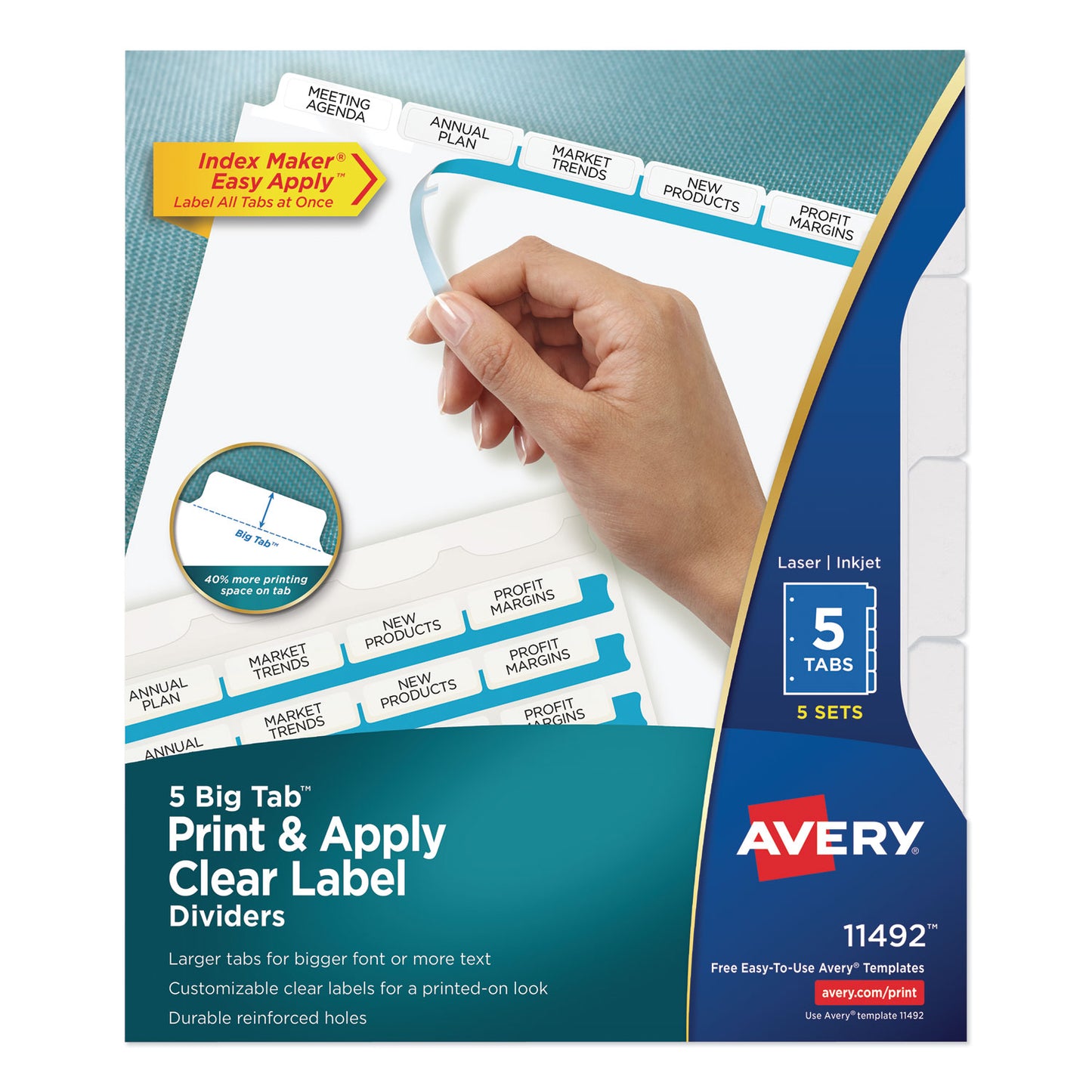 Avery Print and Apply Index Maker Clear Label Dividers, Big Tab, 5-Tab, White Tabs, 11 x 8.5, White, 5 Sets (11492)