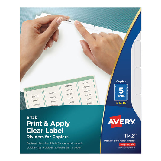 Avery Print and Apply Index Maker Clear Label Dividers, Copiers, 5-Tab, 11 x 8.5, White, 5 Sets (11421)