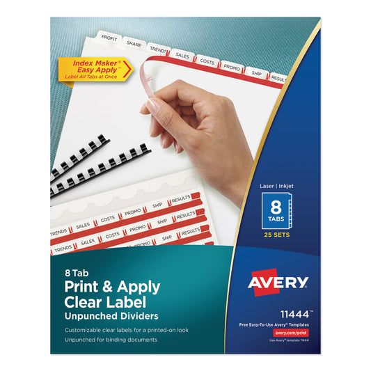 Avery Print and Apply Index Maker Clear Label Unpunched Dividers, 8-Tab, 11 x 8.5, White, White Tabs, 25 Sets (11444)