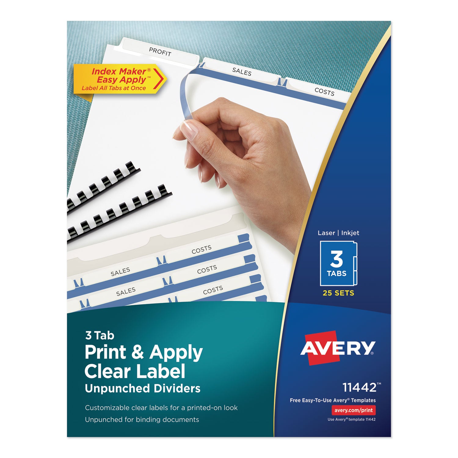 Avery Print and Apply Index Maker Clear Label Unpunched Dividers, 3-Tab, 11 x 8.5, White, 25 Sets (11442)