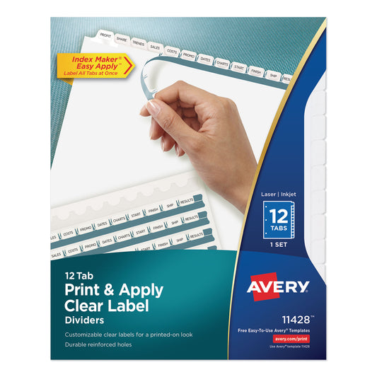 Avery Print and Apply Index Maker Clear Label Dividers, 12-Tab, White Tabs, 11 x 8.5, White, 1 Set (11428)