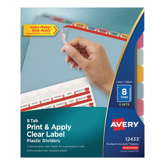 Avery Print and Apply Index Maker Clear Label Plastic Dividers with Printable Label Strip, 8-Tab, 11 x 8.5, Assorted Tabs, 5 Sets (12433)