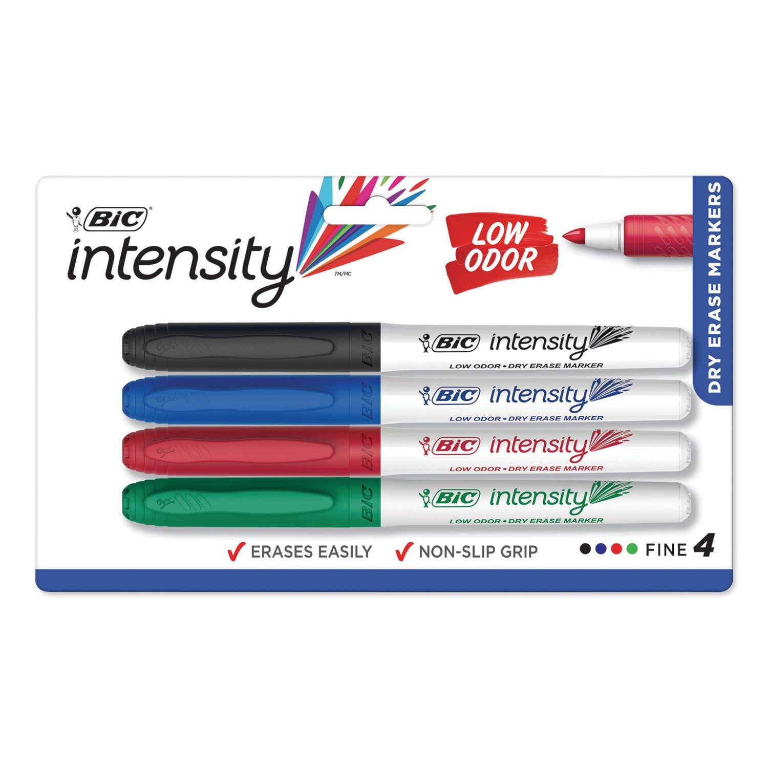 BIC Intensity Low Odor Fine Point Dry Erase Marker, Fine Bullet Tip, Assorted Colors, 4/Set (GDEP41ASST)