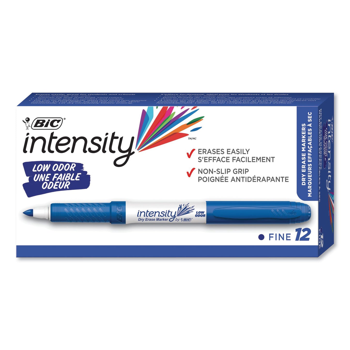 BIC Intensity Low Odor Fine Point Dry Erase Marker, Fine Bullet Tip, Blue, Dozen (GDE11BE)
