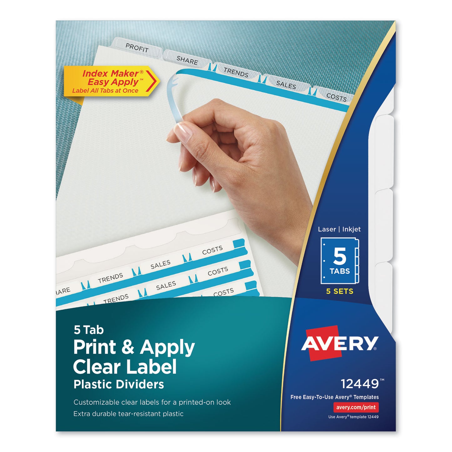 Avery Print and Apply Index Maker Clear Label Plastic Dividers w/Printable Label Strip, 5-Tab, 11 x 8.5, Frosted Clear Tabs, 5 Sets (12449)