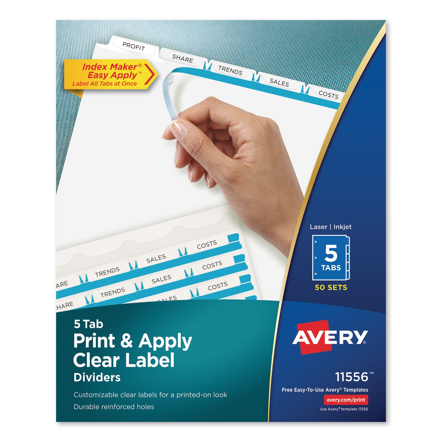 Avery Print and Apply Index Maker Clear Label Dividers, 5-Tab, White Tabs, 11 x 8.5, White, 50 Sets (11556)