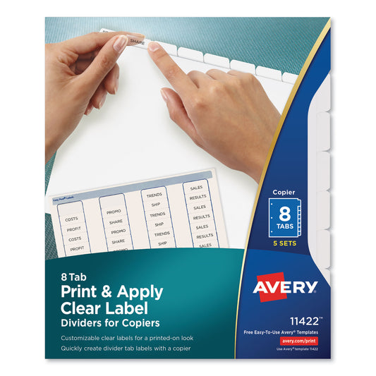 Avery Print and Apply Index Maker Clear Label Dividers, Copiers, 8-Tab, 11 x 8.5, White, 5 Sets (11422)