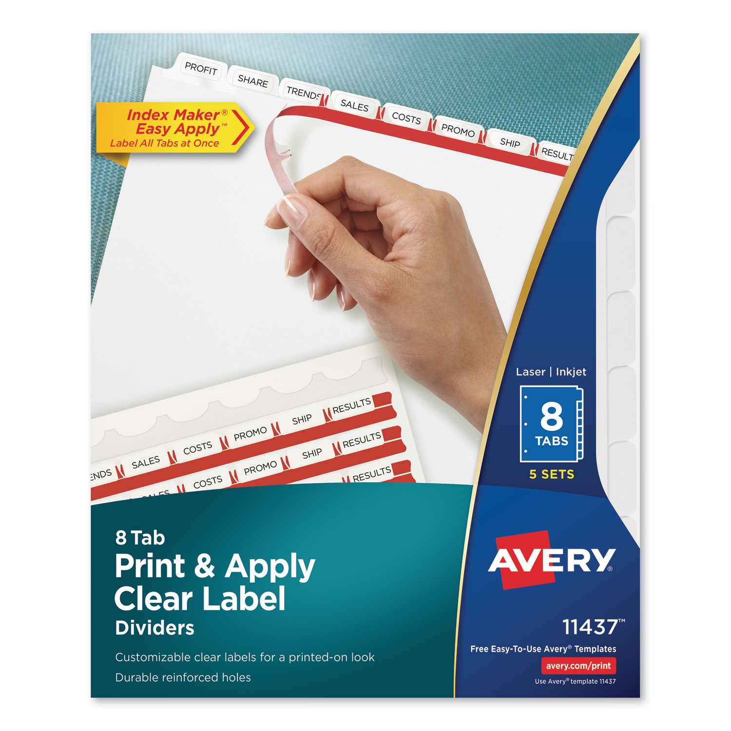 Avery Print and Apply Index Maker Clear Label Dividers, 8-Tab, 11 x 8.5, White, 5 Sets (11437)