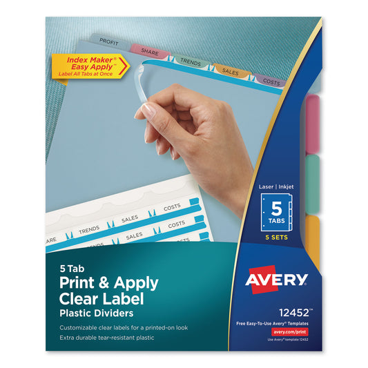 Avery Print and Apply Index Maker Clear Label Plastic Dividers with Printable Label Strip, 5-Tab, 11 x 8.5, Assorted Tabs, 5 Sets (12452)