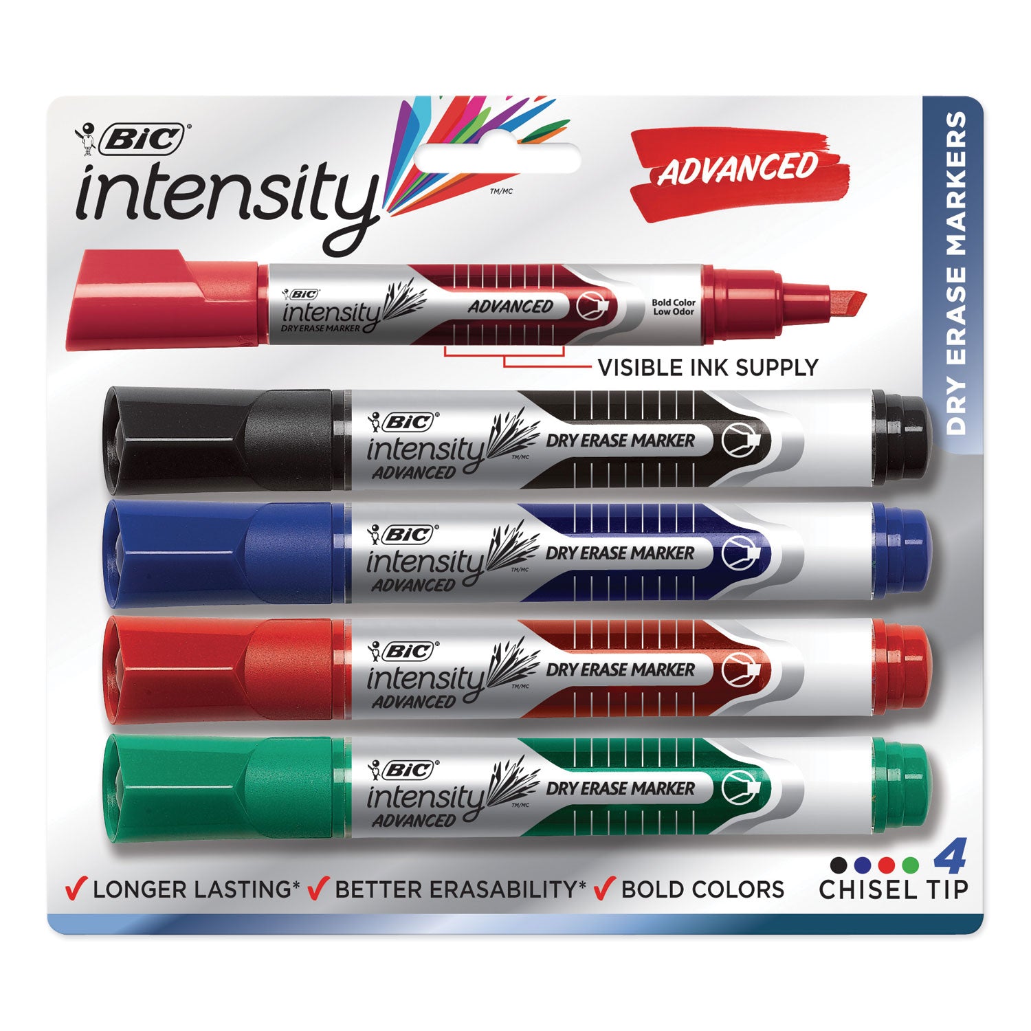 BIC Intensity Advanced Dry Erase Marker, Tank-Style, Broad Chisel Tip, Assorted Colors, 4/Pack (GELITP41AST)