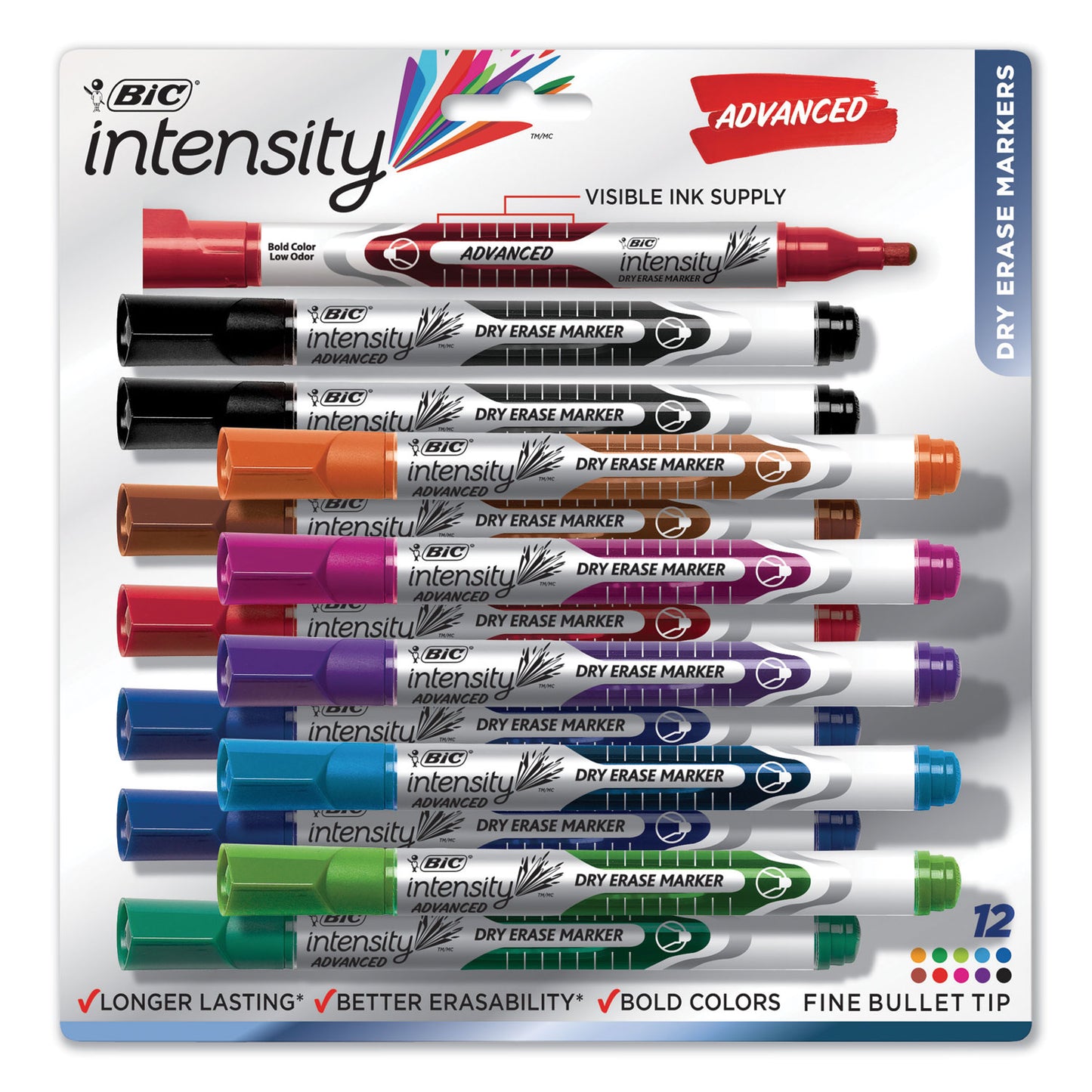 BIC Intensity Advanced Dry Erase Marker, Pocket-Style, Medium Bullet Tip, Assorted Colors, Dozen (GELIPP121AST)