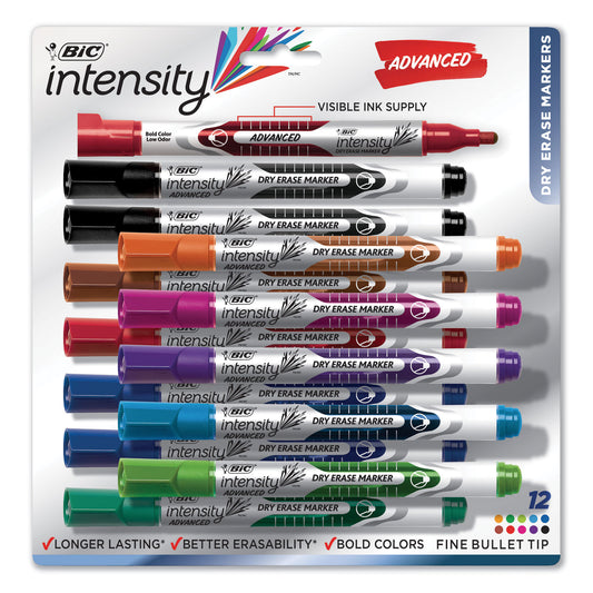 BIC Intensity Advanced Dry Erase Marker, Pocket-Style, Medium Bullet Tip, Assorted Colors, Dozen (GELIPP121AST)