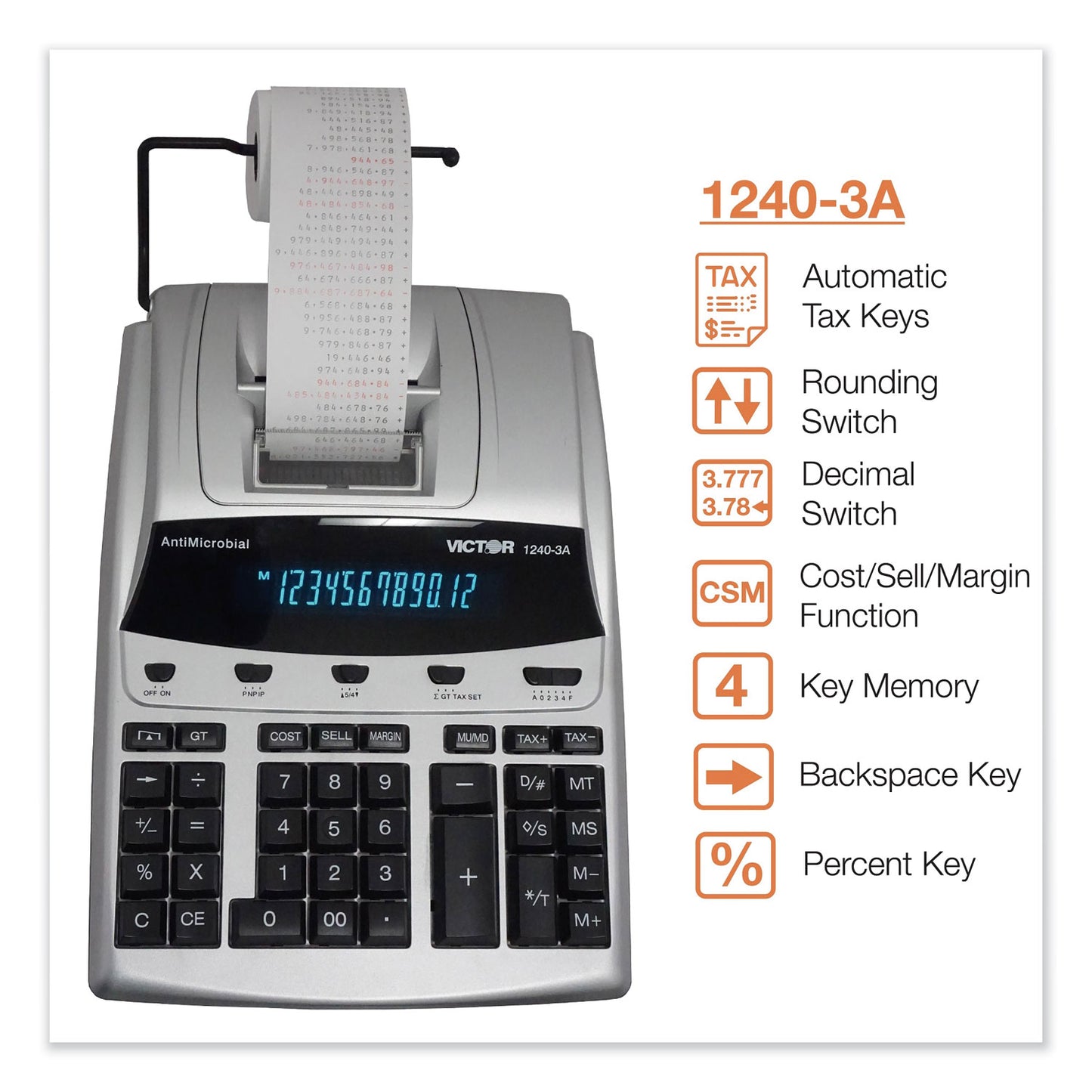 Victor 1240-3A Antimicrobial Printing Calculator, Black/Red Print, 4.5 Lines/Sec