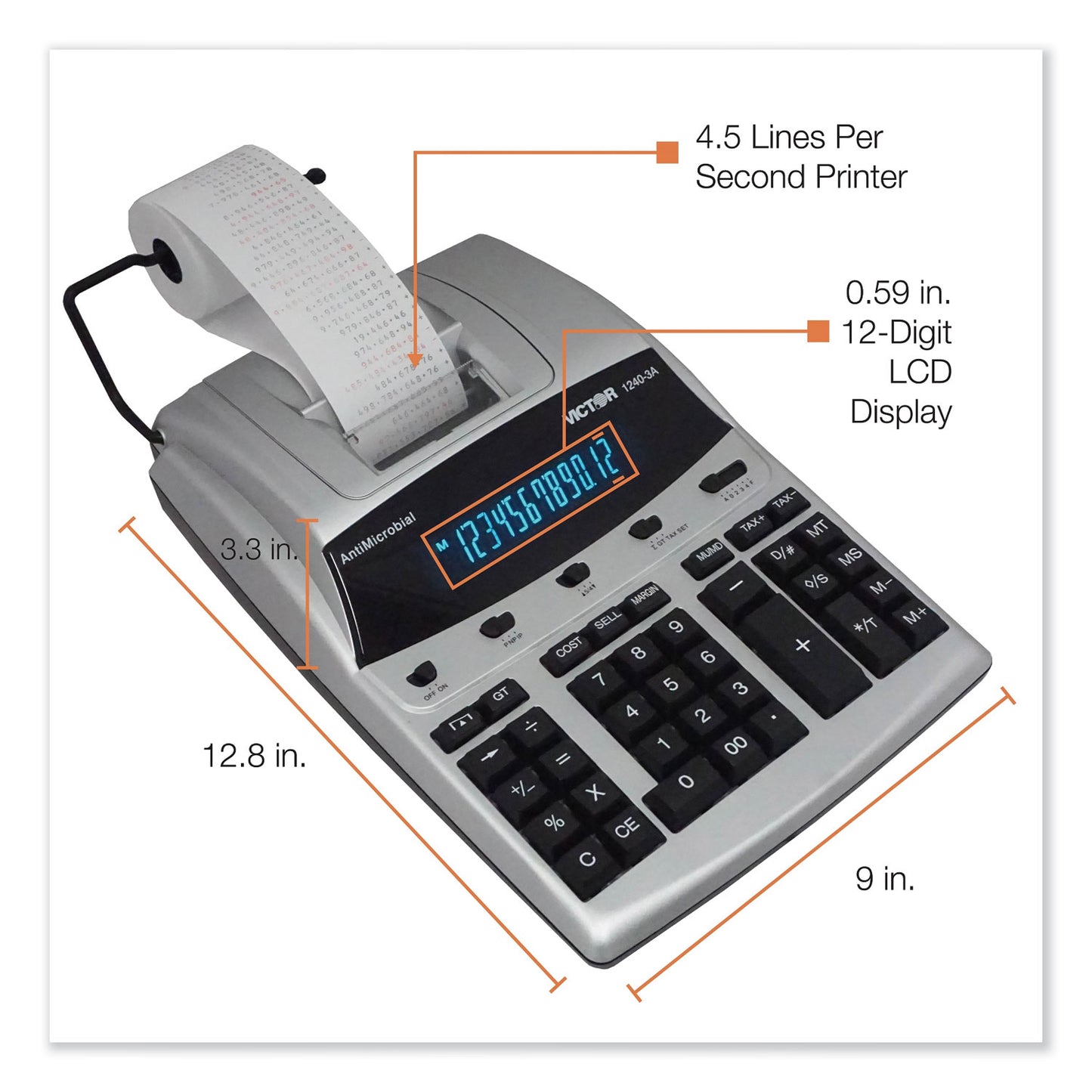 Victor 1240-3A Antimicrobial Printing Calculator, Black/Red Print, 4.5 Lines/Sec