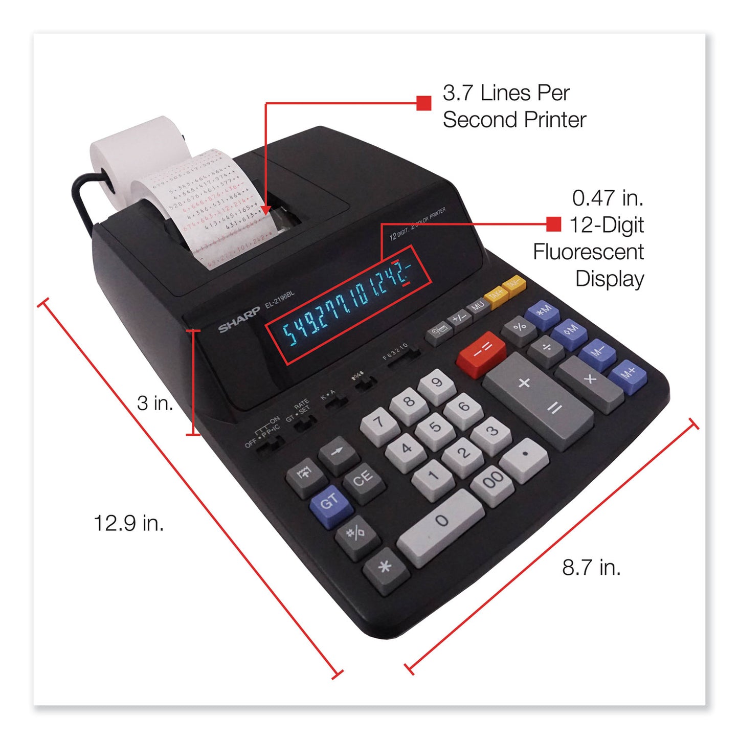 Sharp EL2196BL Two-Color Printing Calculator, Black/Red Print, 3.7 Lines/Sec