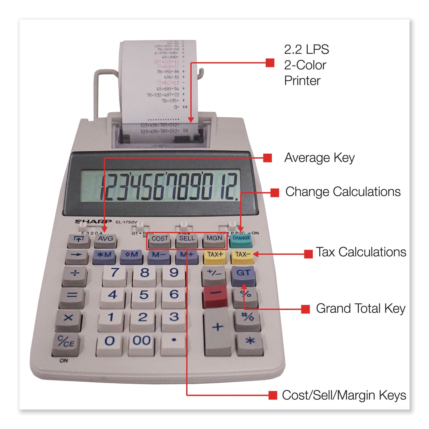 Sharp EL-1750V Two-Color Printing Calculator, Black/Red Print, 2 Lines/Sec