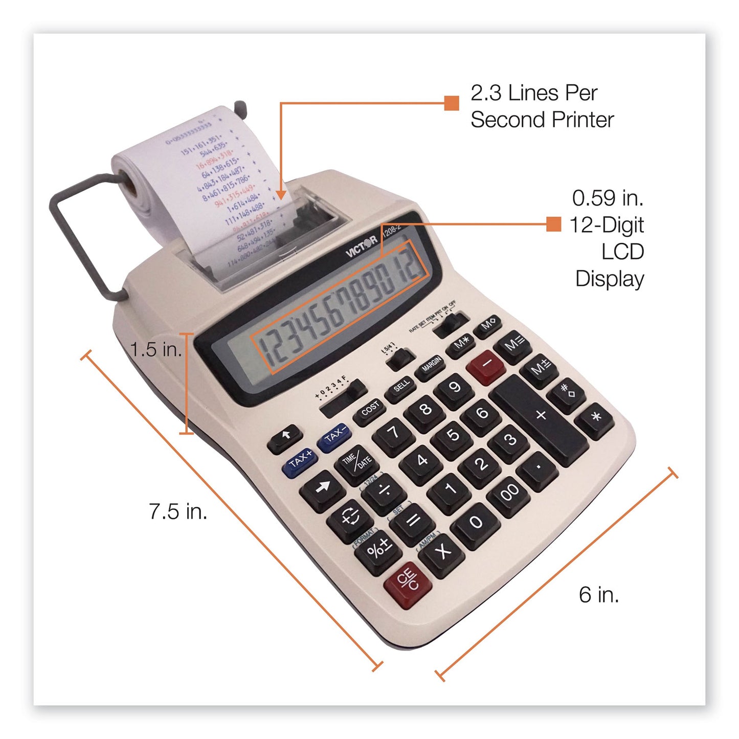 Victor 1208-2 Two-Color Compact Printing Calculator, Black/Red Print, 2.3 Lines/Sec