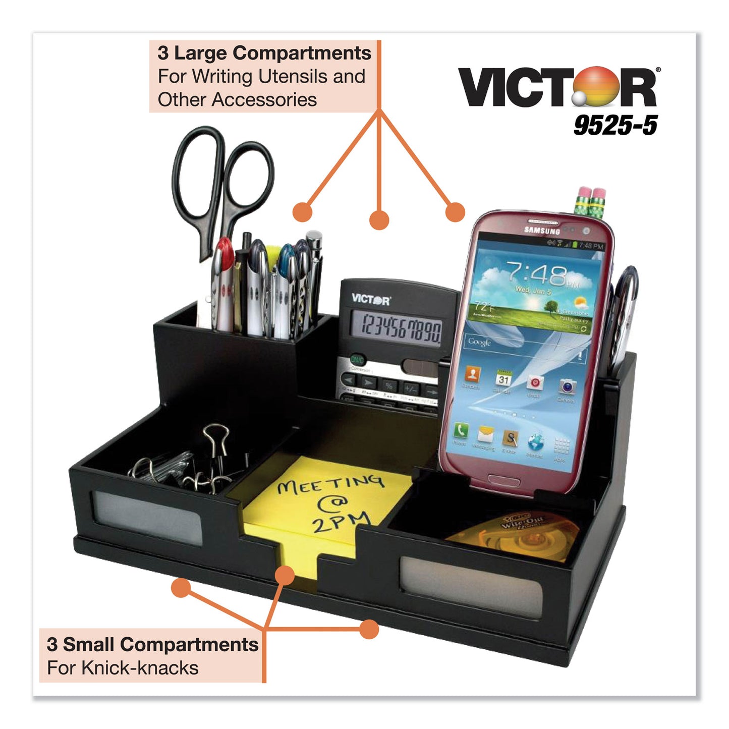 Victor Midnight Black Desk Organizer with Smartphone Holder, 6 Compartments, Wood, 10.5 x 5.5 x 4 (95255)