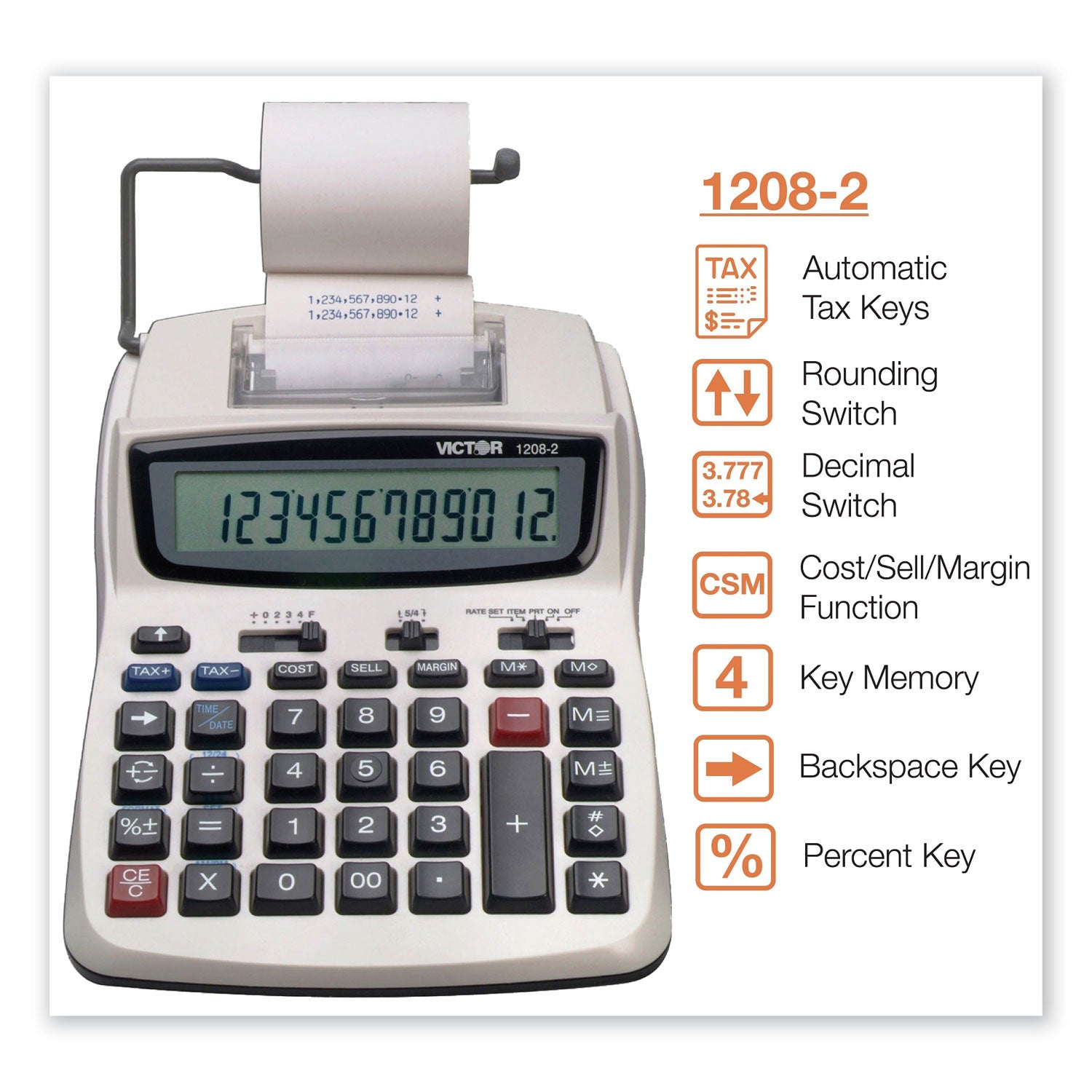 Victor 1208-2 Two-Color Compact Printing Calculator, Black/Red Print, 2.3 Lines/Sec