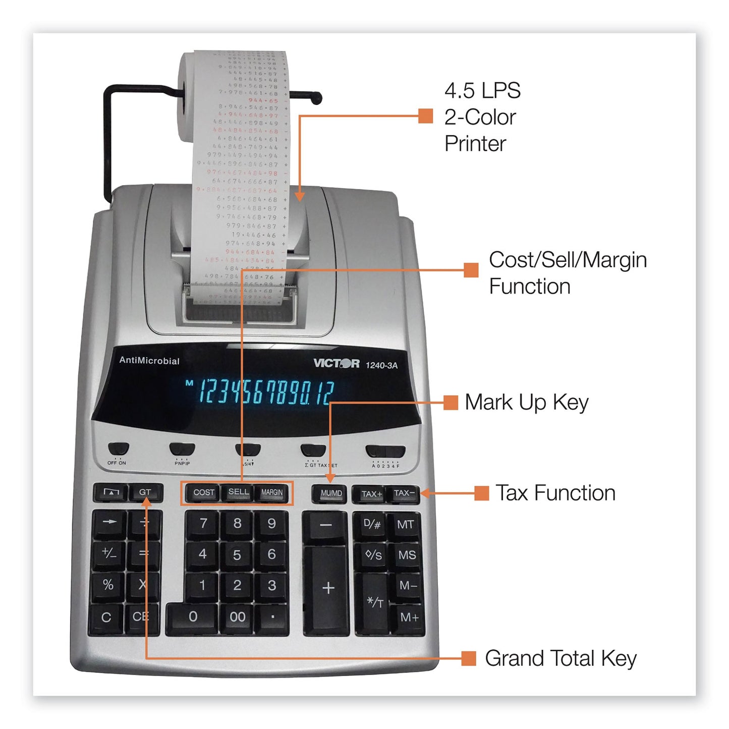 Victor 1240-3A Antimicrobial Printing Calculator, Black/Red Print, 4.5 Lines/Sec