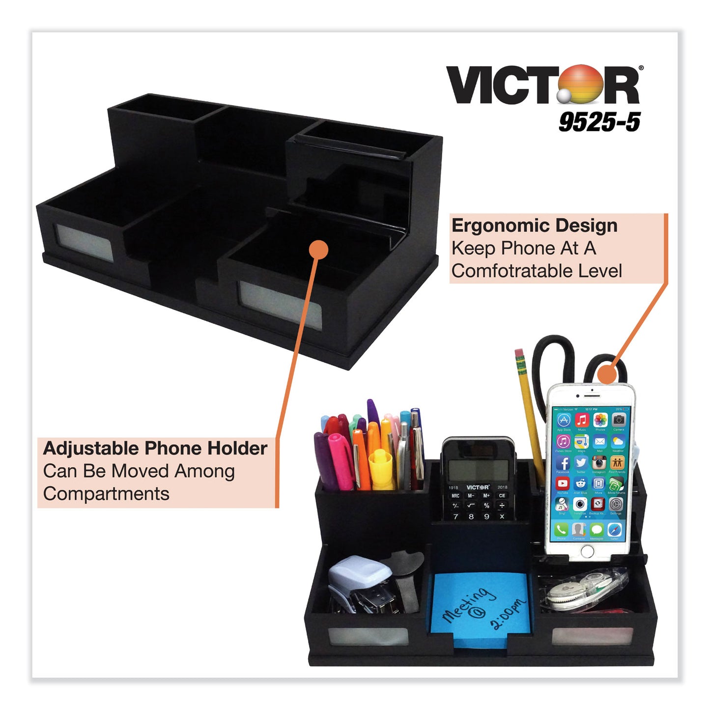 Victor Midnight Black Desk Organizer with Smartphone Holder, 6 Compartments, Wood, 10.5 x 5.5 x 4 (95255)