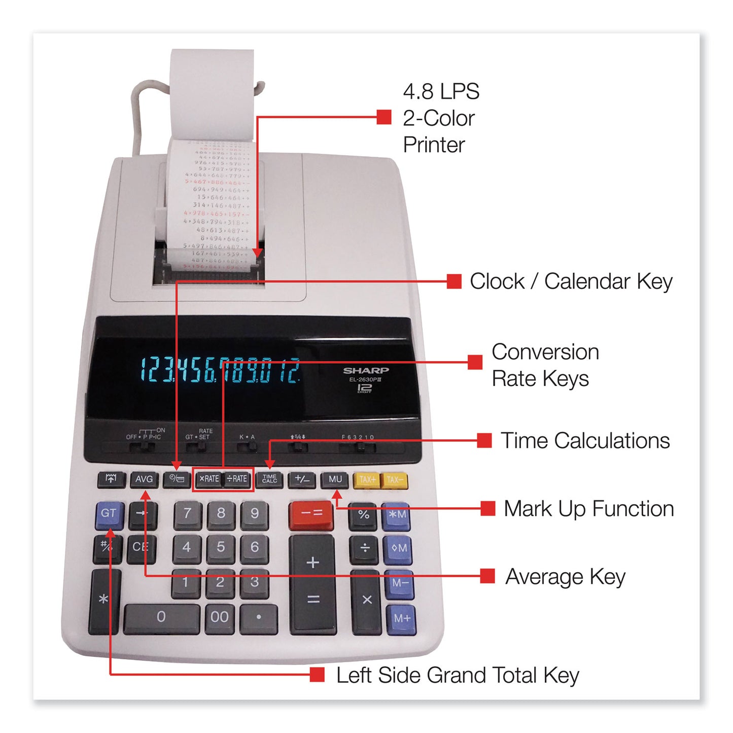 Sharp EL2630PIII Two-Color Printing Calculator, Black/Red Print, 4.8 Lines/Sec