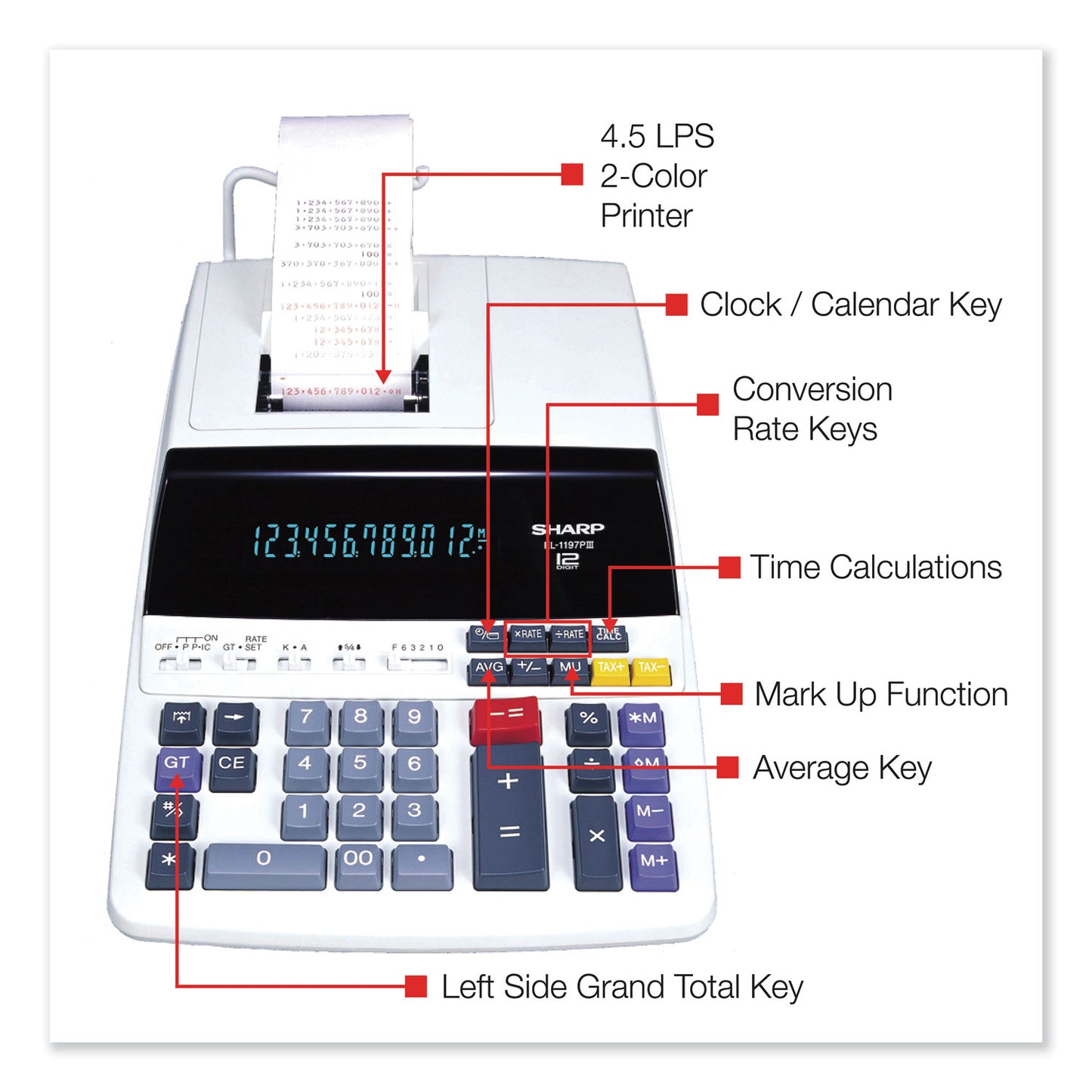 Sharp EL1197PIII Two-Color Printing Desktop Calculator, Black/Red Print, 4.5 Lines/Sec