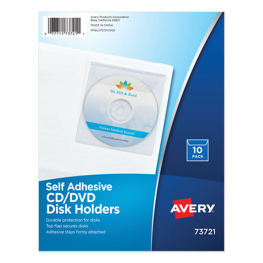 Avery Self-Adhesive Media Pockets, 1 Disc Capacity, Clear, 10/Pack (73721)