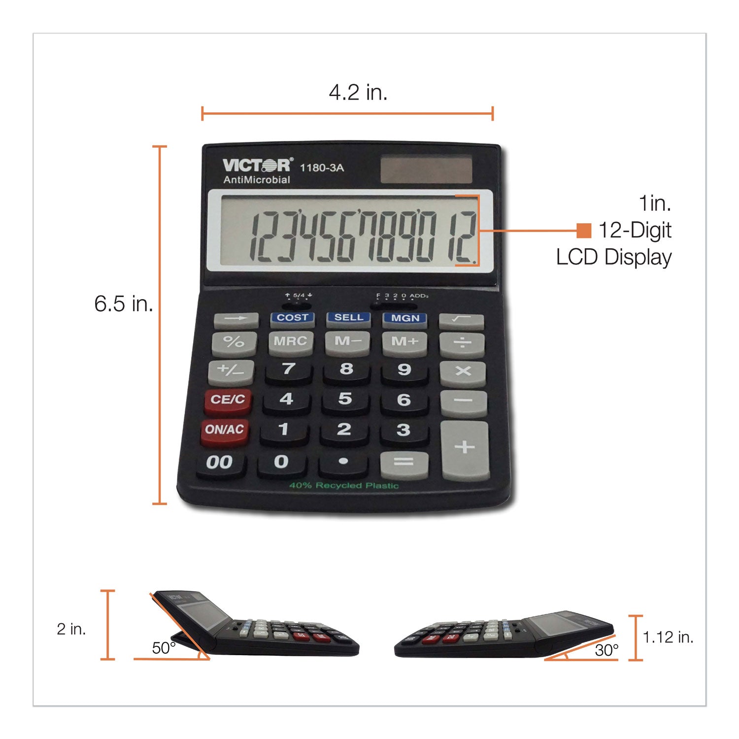 Victor 1180-3A Antimicrobial Desktop Calculator, 12-Digit LCD