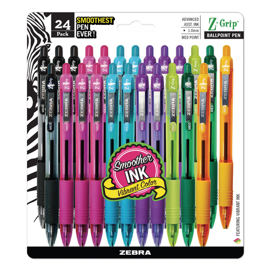 Zebra Z-Grip Ballpoint Pen, Retractable, Medium 1 mm, Assorted Artistic Ink Colors, Assorted Barrel Colors, 24/Pack (12271)