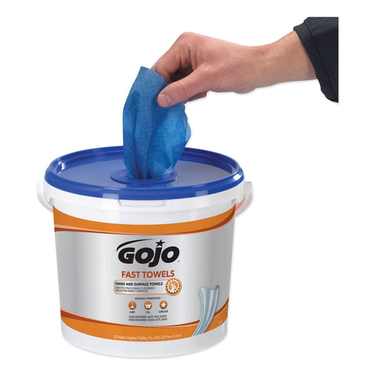 GOJO FAST TOWELS Hand Cleaning Towels, Cloth, 9 x 10, Fresh Citrus, Blue, 225/Bucket (629902EA)