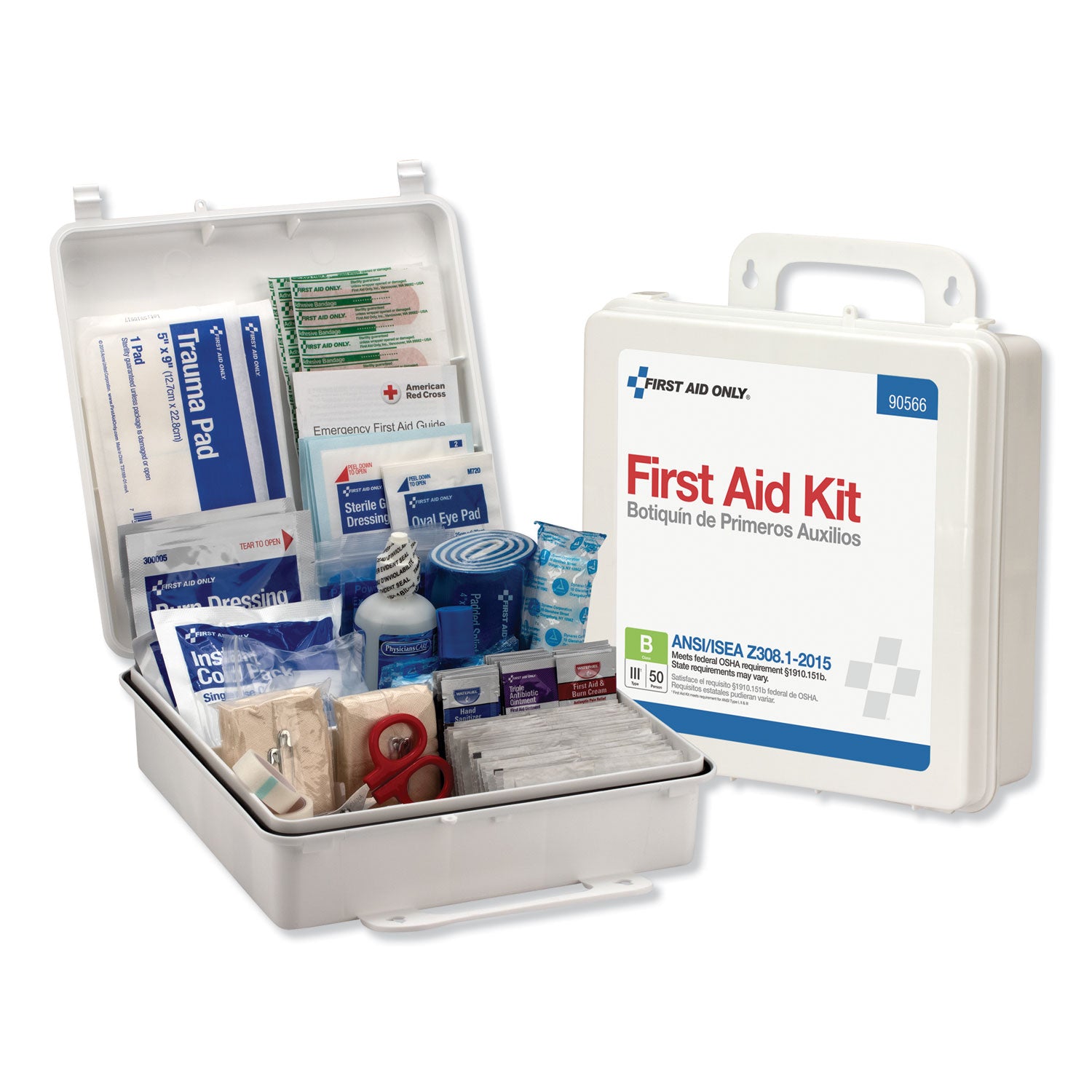 First Aid Only Bulk ANSI 2015 Compliant Class B Type III First Aid Kit for 50 People, 199 Pieces, Plastic Case (90566)