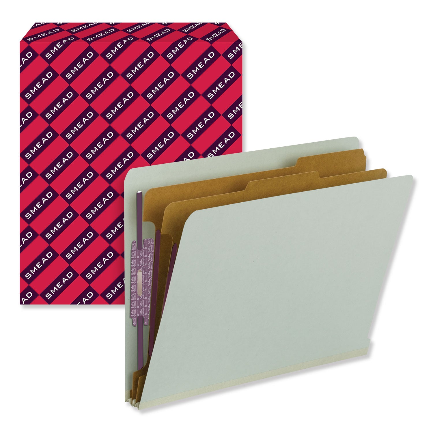 Smead End Tab Pressboard Classification Folders, Six SafeSHIELD Fasteners, 2" Expansion, 2 Dividers, Letter Size, Gray-Green, 10/BX (26810)